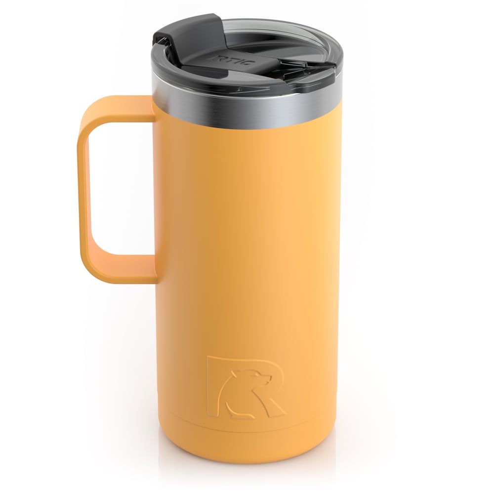 RTIC 16oz Travel Mug, Amber, Matte, Stainless Steel & Vacuum Insulated, Flip-Top Lid