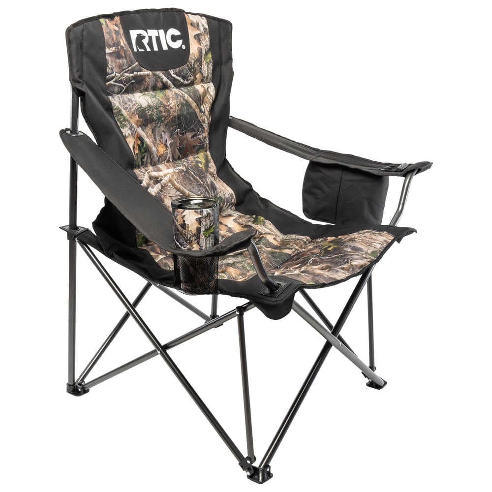 RTIC Big Bear Folding Chair, Black / Camo, Extra padding for extra comfort, Built-in cooler and mesh pockets