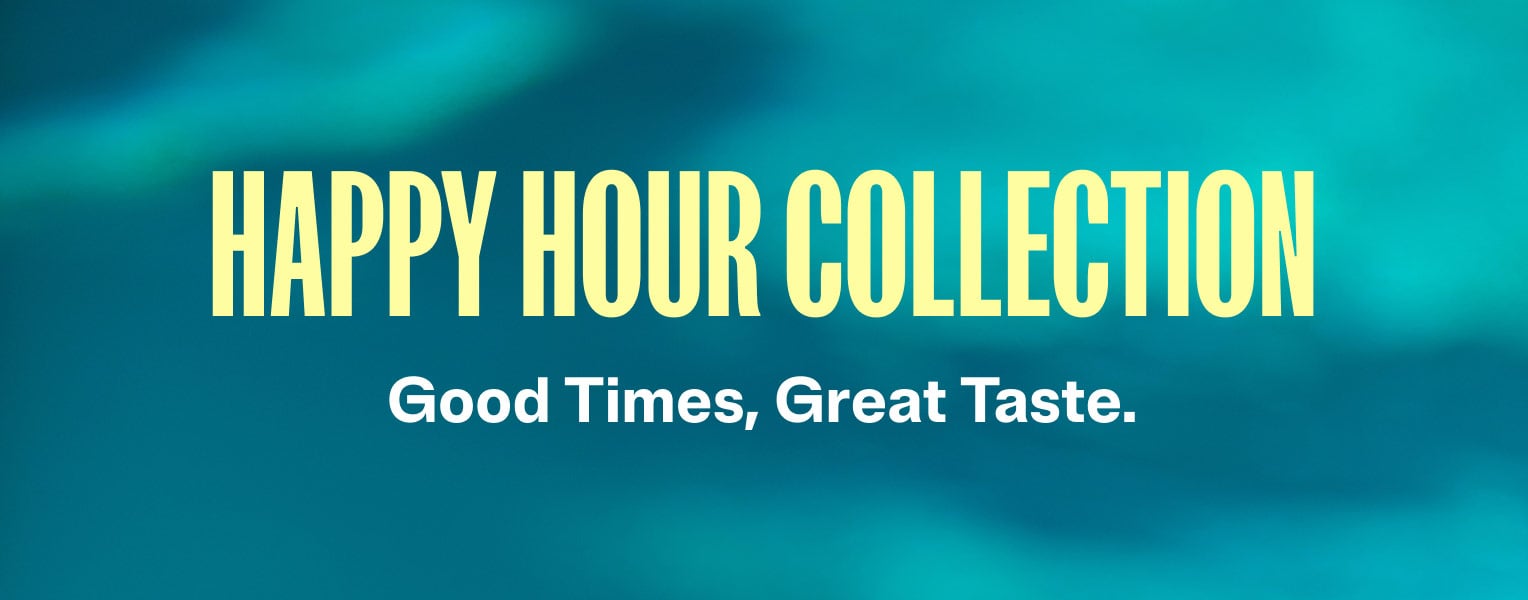 Happy Hour Collection on a teal, watery-looking background.
