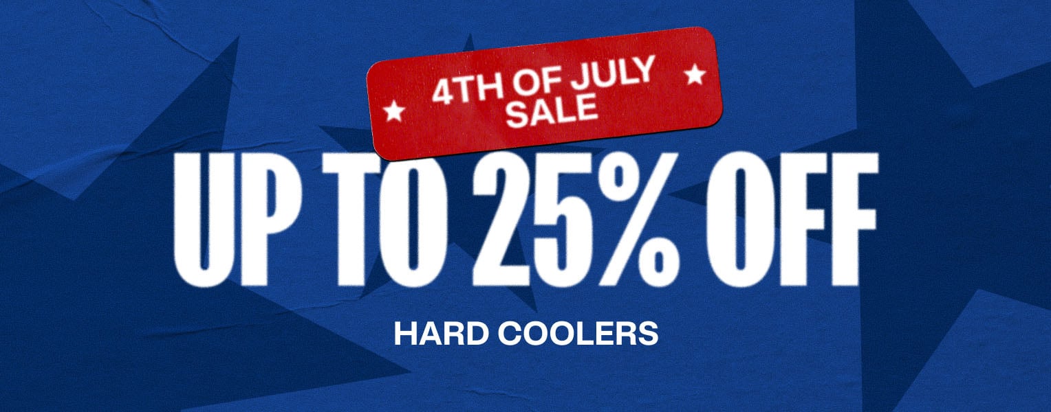 4th of July Sale - up to 25% Off Hard Coolers on a blue background