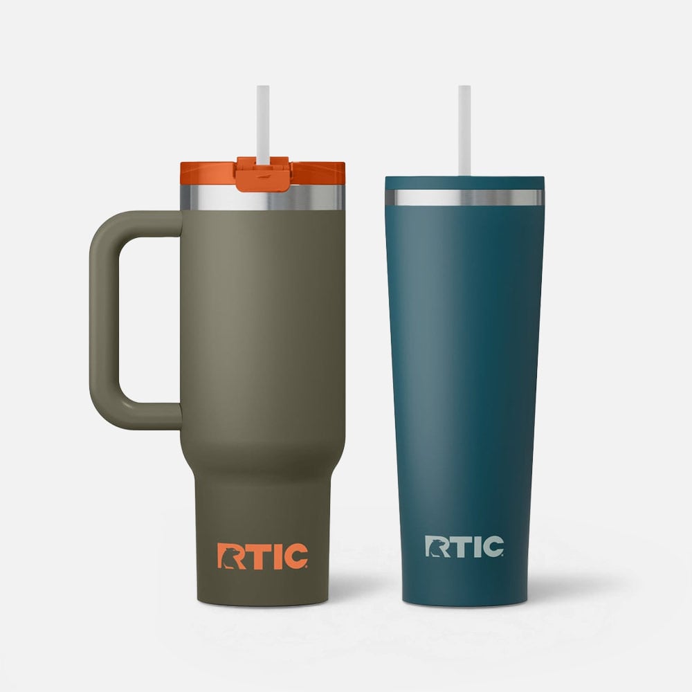 Two RTIC insulated tumblers, one with handle and straw in olive/orange, one tall teal tumbler with straw.