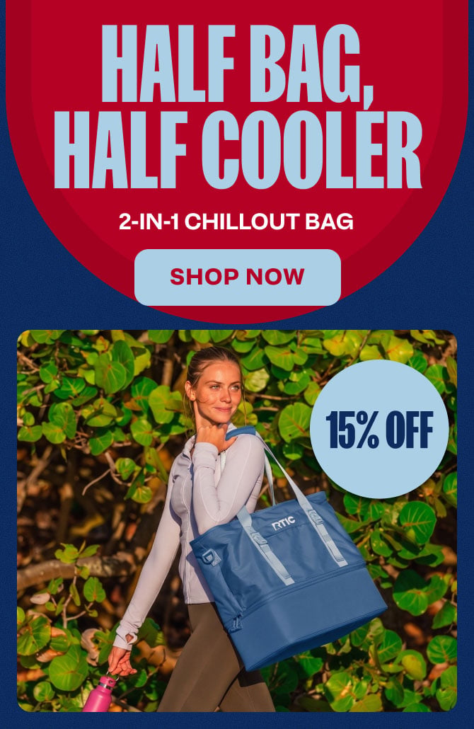 Woman walking with a blue RTIC 2-in-1 Chillout Tote Bag.
