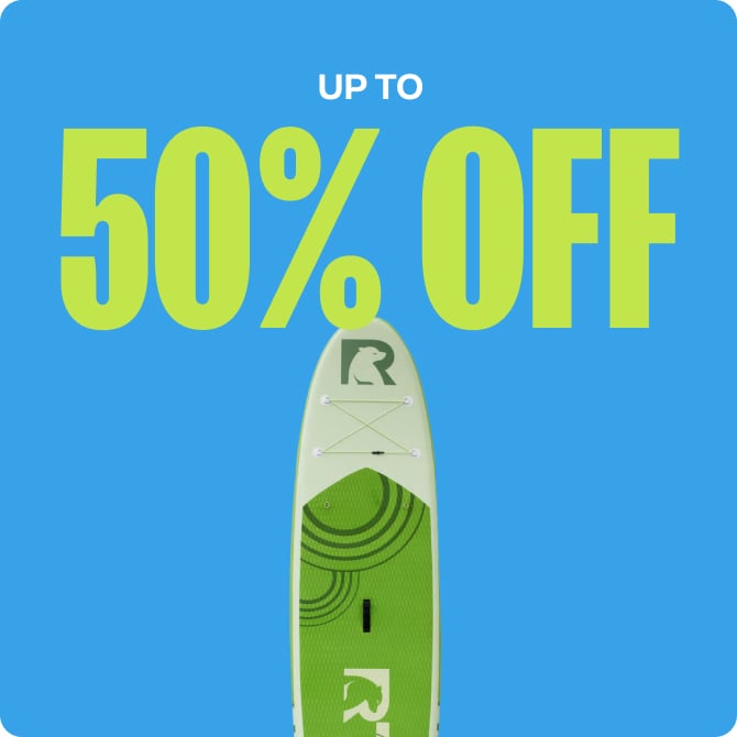 Lime green RTIC stand up paddle board on a light blue background with up to 50% Off in lime green font..