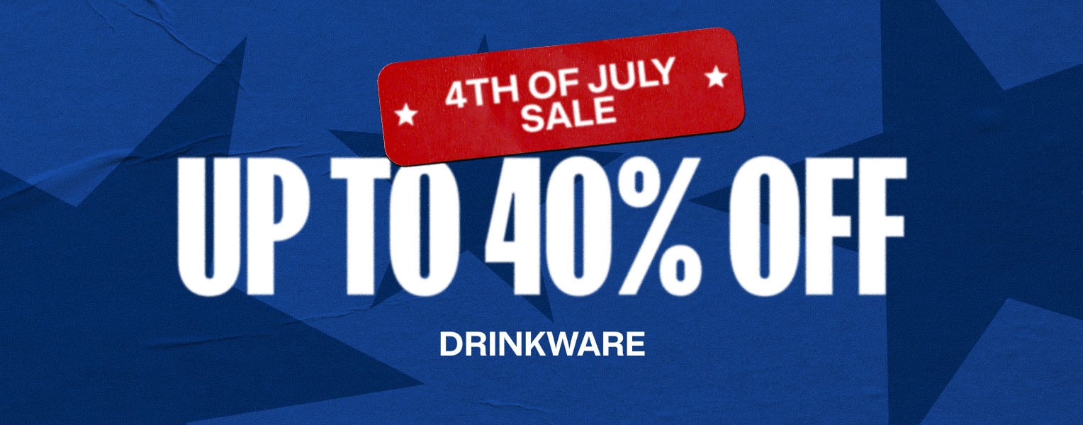 4th of July Sale - Up to 40% off Drinkware on a blue background