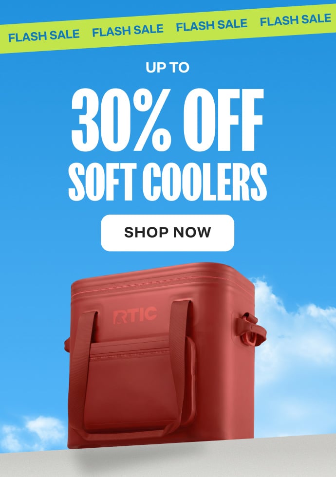 RTIC soft cooler on a blue sky background with Flash Sale banner and text: “Up to 30% off soft coolers” plus a Shop Now button.