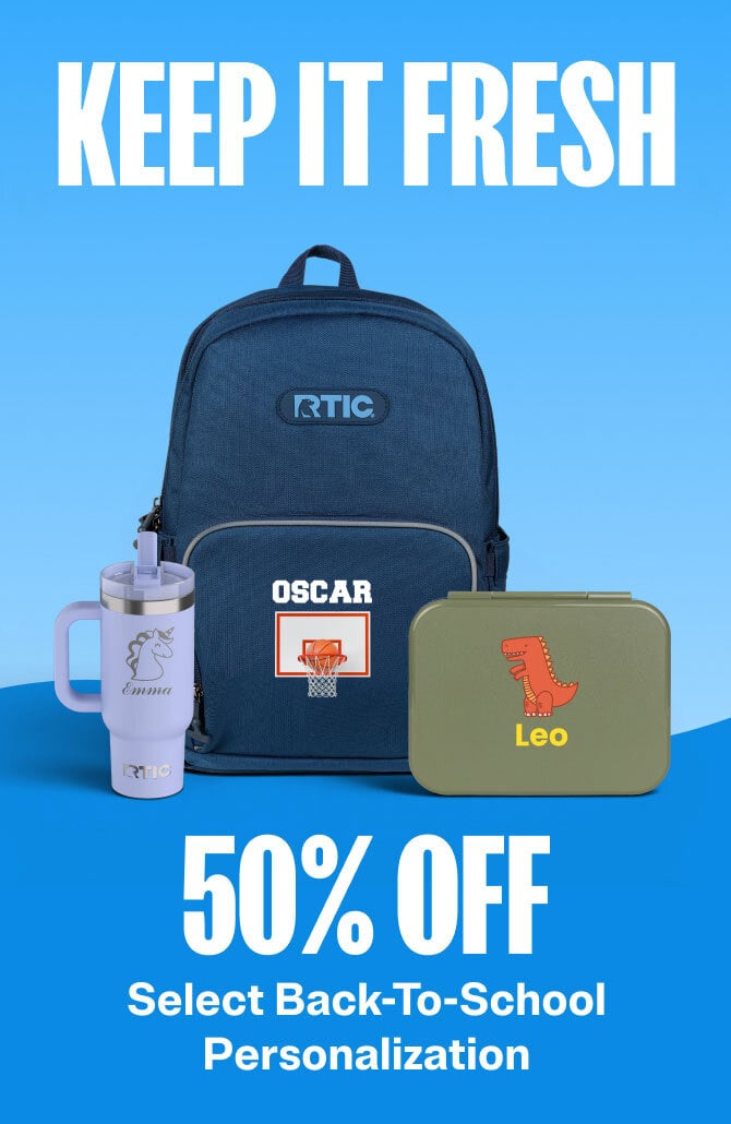 Personalized Blue backpack, purple tumbler, and green lunch box. With 50% off personalization message on a blue background.