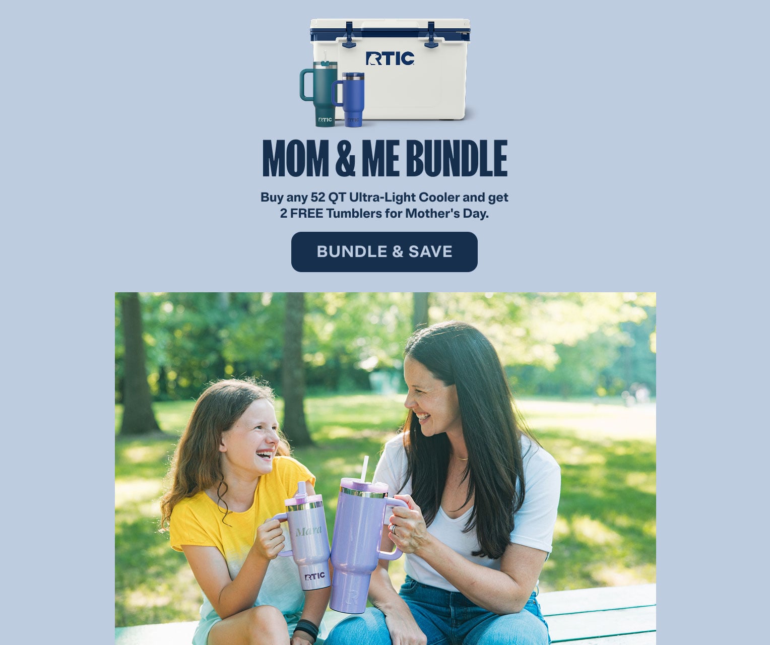 RTIC Mom & Me bundle: 52 qt cooler with two tumblers; mother and daughter smiling outdoors holding matching purple cups.