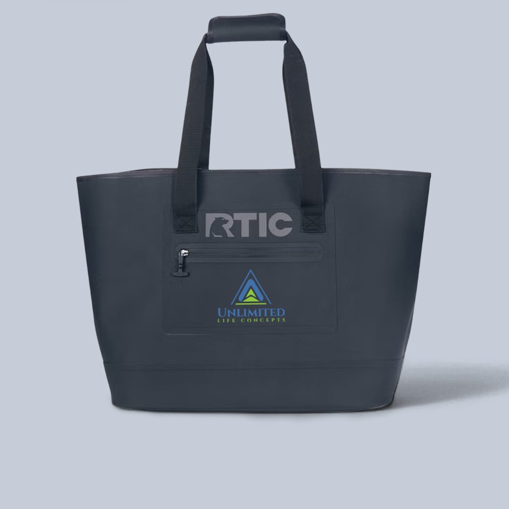 Dark blue Ultra-Tough Tote Bag with a customer logo printed on it.