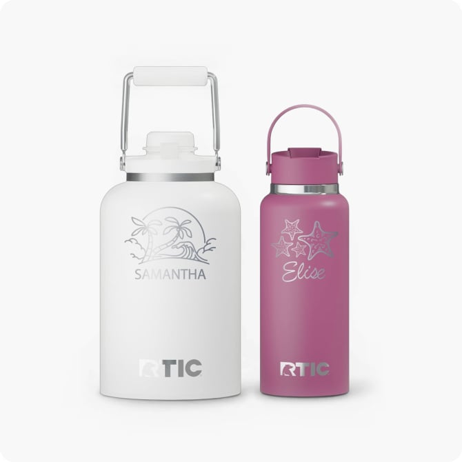 White RTIC Jug and pink bottle, both personalized, on a white background.