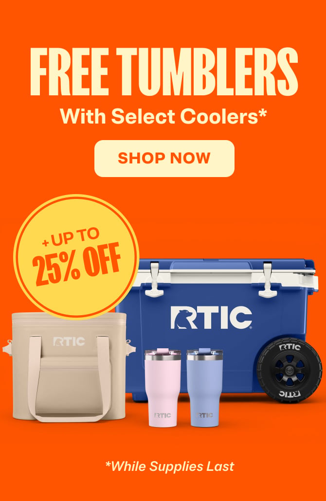 RTIC blue cooler, beige soft cooler, and two tumblers on an orange background, promoting free tumblers and up to 25% off select coolers.