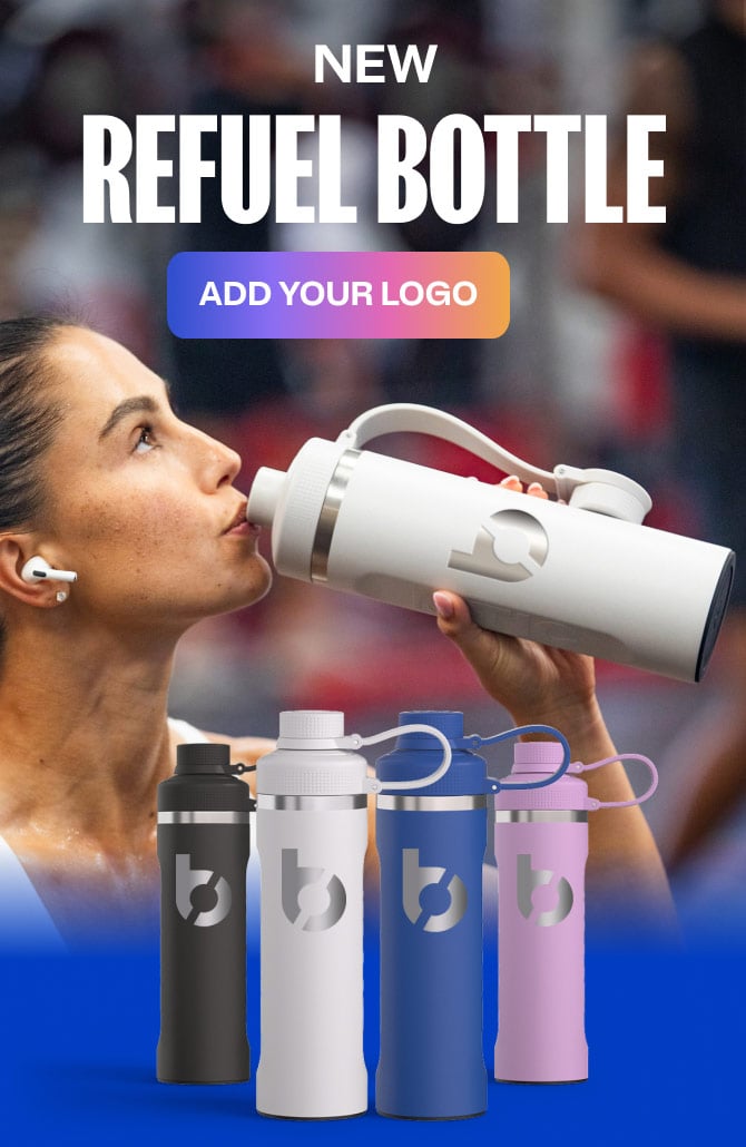 Woman drinking from customizable refill water bottle with “Add Your Logo” text and four reusable bottles in black, white, blue, and pink.