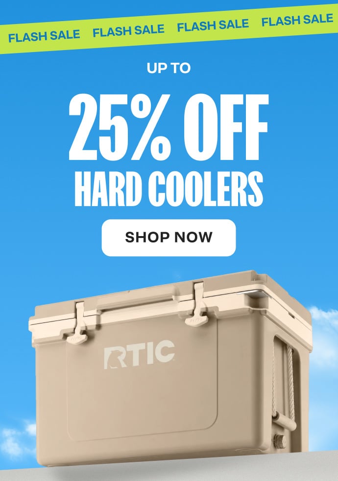 RTIC hard cooler on a blue sky background with Flash Sale banner and text: “Up to 25% off hard coolers” plus a Shop Now button.