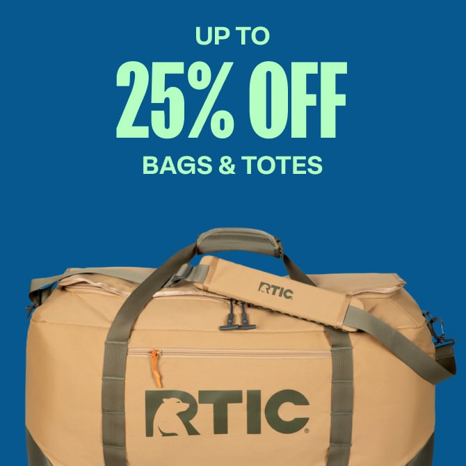 A tan RTIC duffle bag on a blue background.