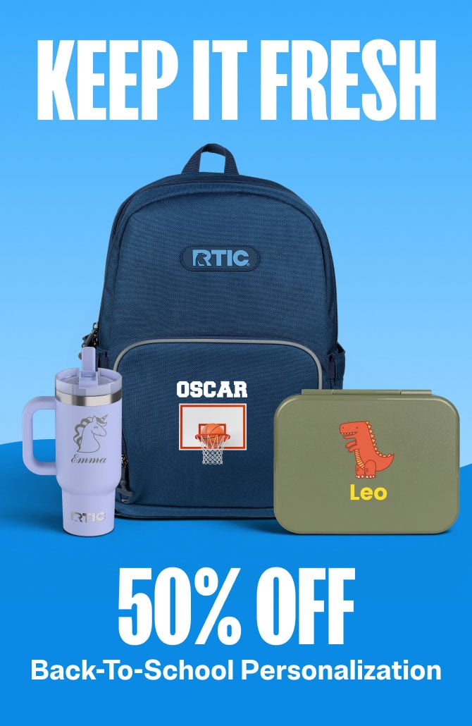 Personalized Blue backpack, purple tumbler, and green lunch box. With 50% off personalization message on a blue background