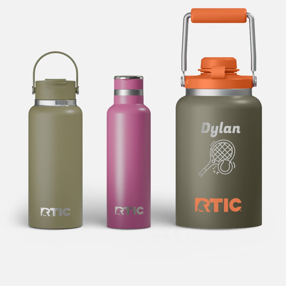Green Outback Jug personalized with the name Dylan, a pink Journey Bottle, and a green outback bottle.