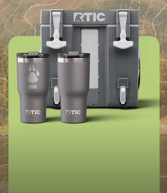 Personalized RTIC tumblers and a gray water cooler with custom engraving, showcased against an outdoor adventure-themed backdrop.