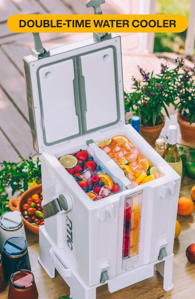 White RTIC Double-Time Water Cooler that serves two drinks at once.