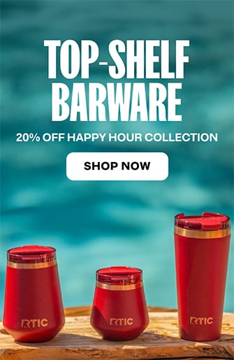 Three red RTIC Happy Hour tumblers on a wood tray on a blue background