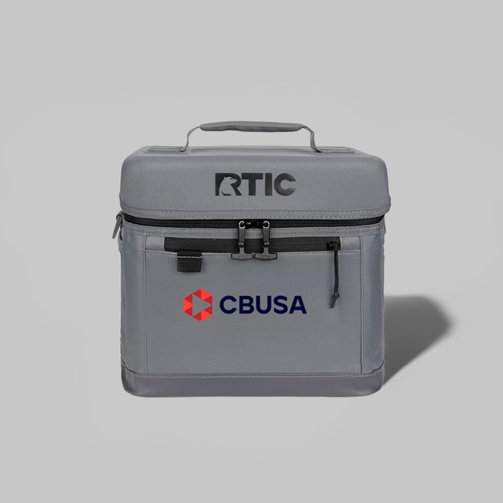 Grey Everyday Cooler with a customer logo printed on the front pocket.