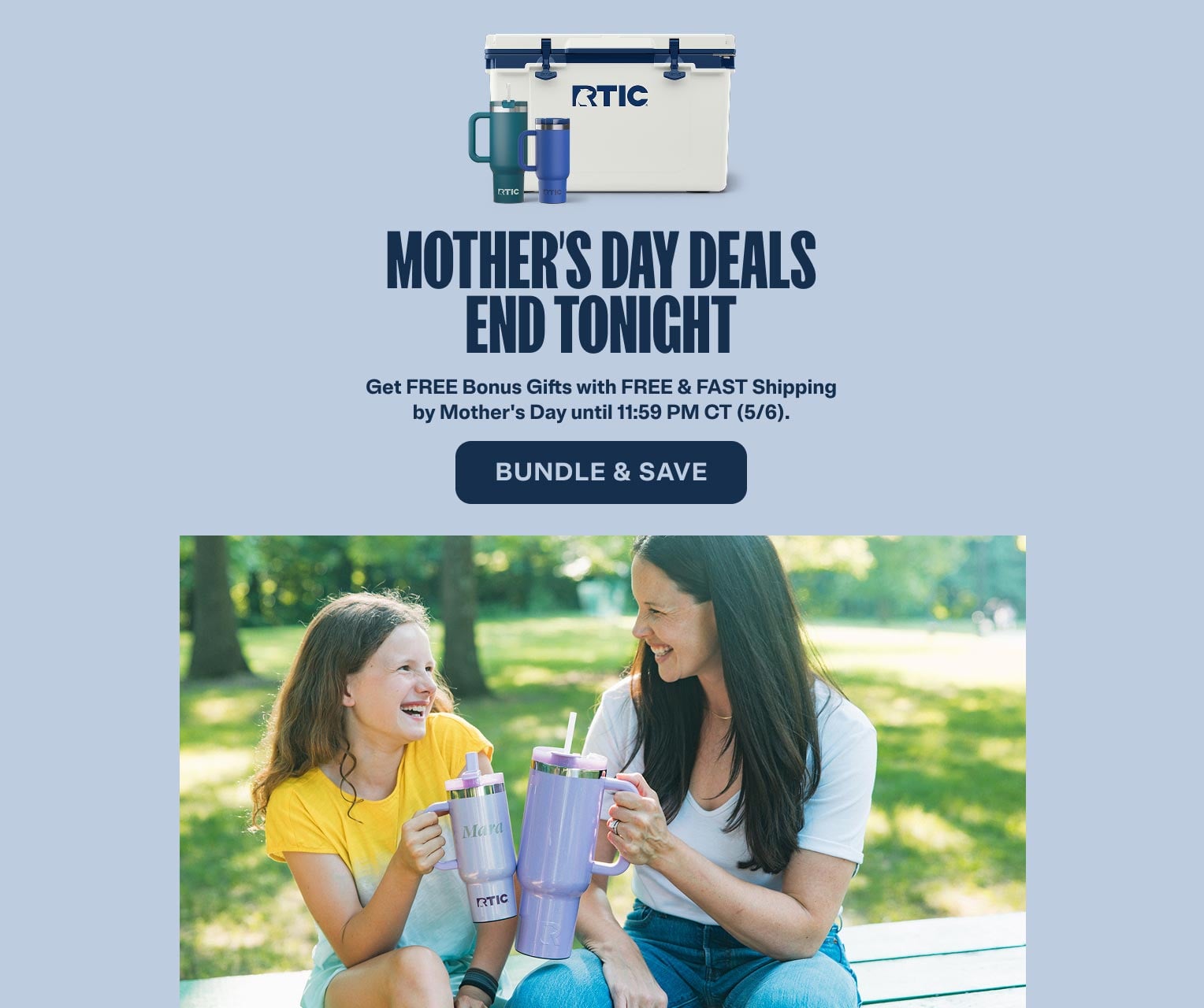 RTIC Mom & Me bundle: 52 qt cooler with two tumblers; mother and daughter smiling outdoors holding matching purple cups.