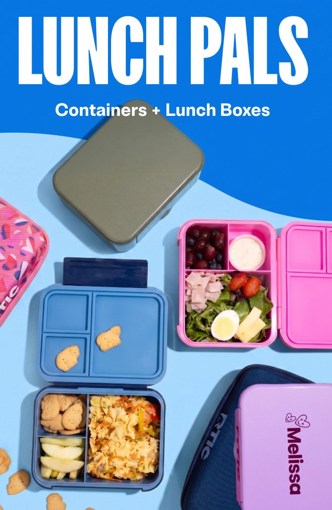 Colorful lunch boxes and containers with healthy meals, snacks, and cookies displayed on a blue background beneath the "Lunch Pals" heading.