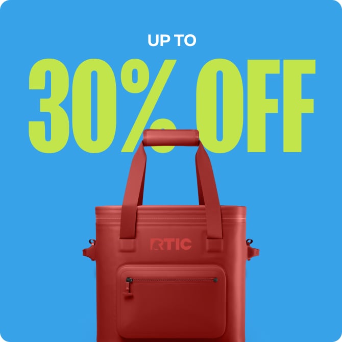 Red RTIC Soft Cooler on a light blue background with up to 30% Off in lime green font..