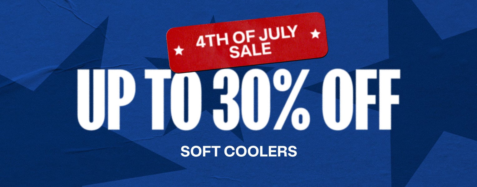 4th of July Sale - Up to 30% off soft coolers on a blue background