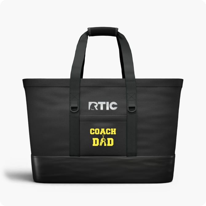 personalized black RTIC tote on a white background