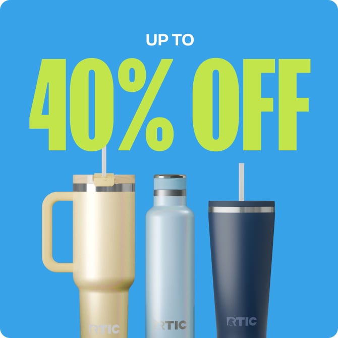 A group of RTIC Drinkware on a light blue background with up to 40% Off in lime green font..