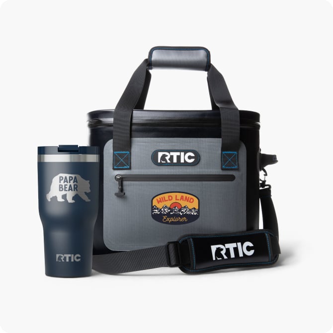 Personalized RTIC Cooler and tumbler next to each other on a white background
