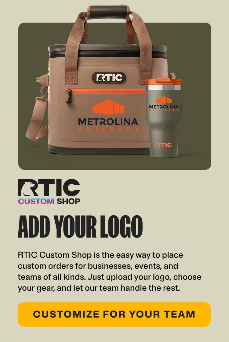 RTIC Custom Shop promo showing a tan soft pack cooler and tumbler with custom logo