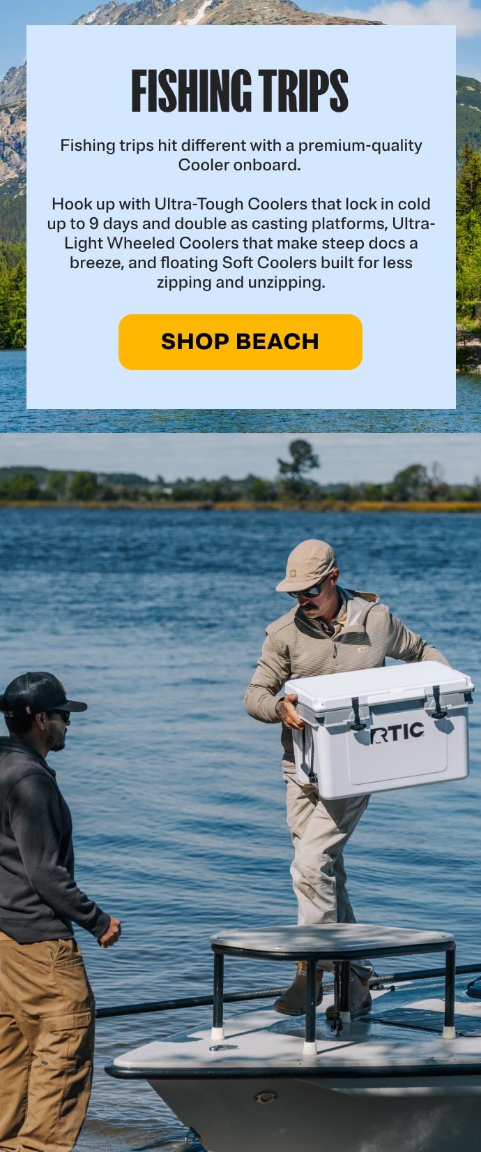 Featured Fishing Trips promotion highlighting premium coolers for keeping food and drinks cold on fishing adventures.