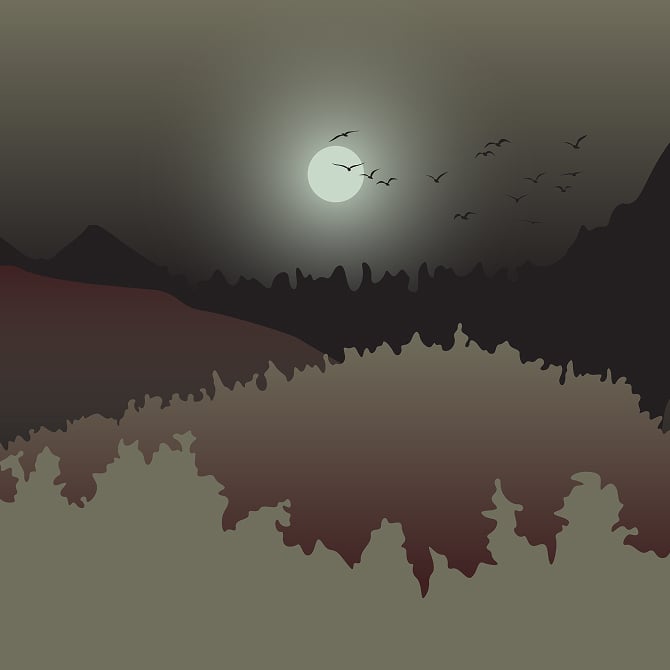 Dark, moody forest at dusk with silhouetted trees, rolling hills, a hazy moon, and birds in flight
