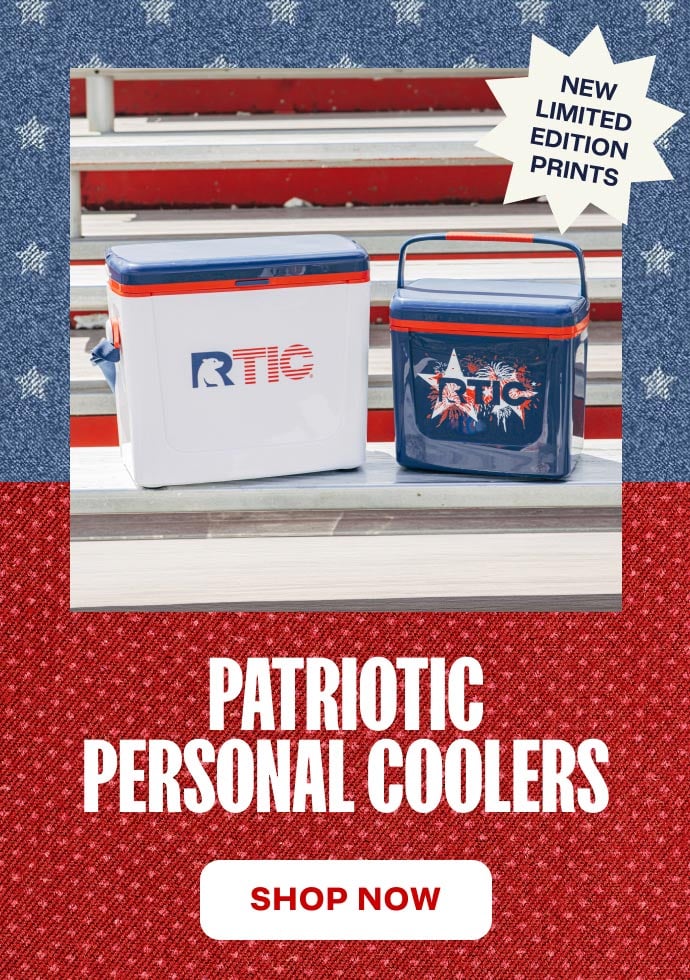 Two RTIC Hard Coolers with American patriotic-themed designs.