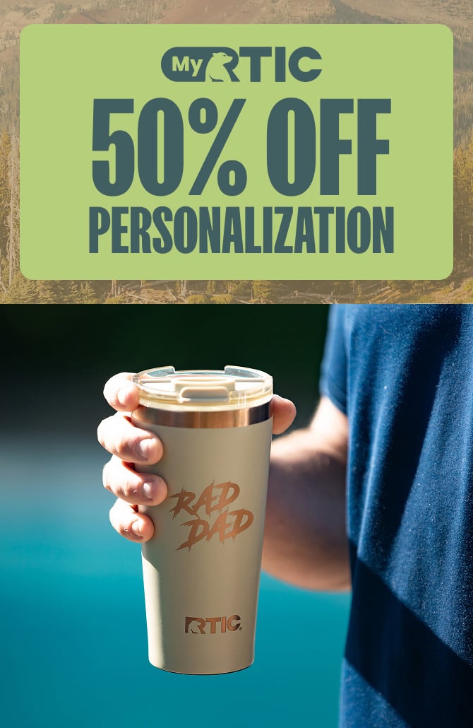 person holding a tan personalized RTIC tumbler, advertising 50% off personalization