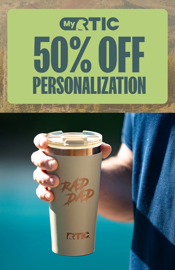 person holding an RTIC tumbler, with 50% off personalization announcement
