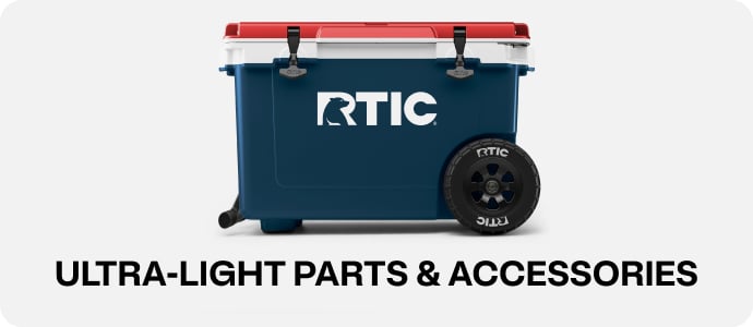 Red, White ,and blue RTIC Ultra-Light Wheeled Cooler on a white background