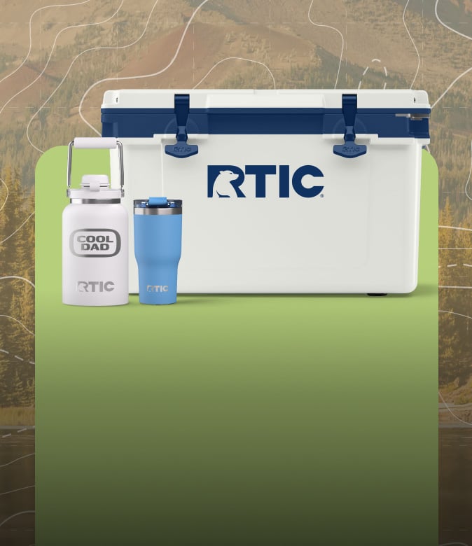 RTIC 32 QT Ultra-Light Cooler, Jug, and Tumbler grouped together.