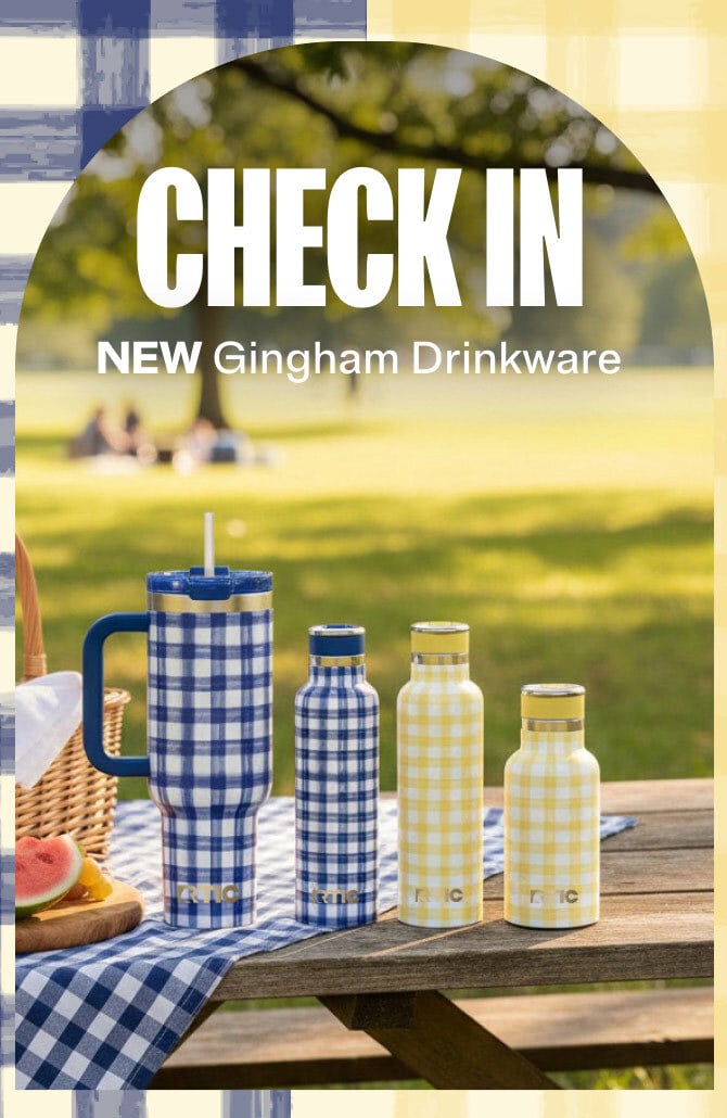 lue and yellow gingham drinkware bottles and tumblers on a picnic table outdoors with “Check In New Gingham Drinkware” text.