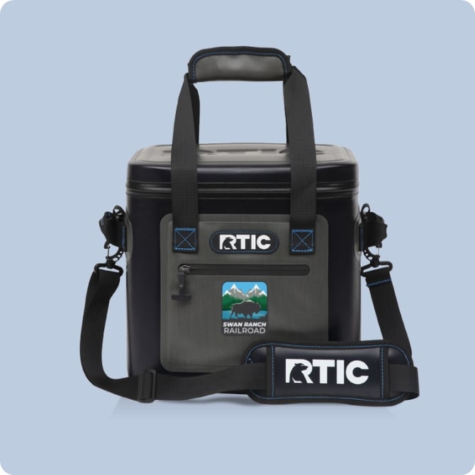 Grey and black Ultra-Tough Soft Cooler with a customer logo on the front pocket.