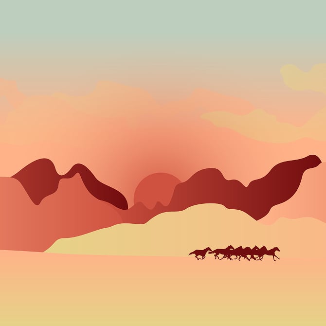 desert at sunset with layered red and tan mountains and a small herd of dark horse silhouettes running across sandy foreground.