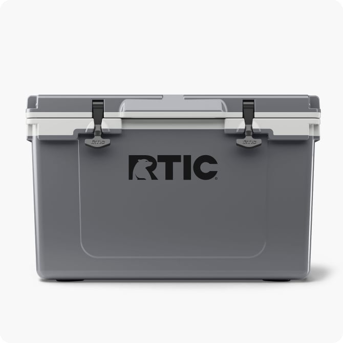 grey RTIC hard cooler on a white background
