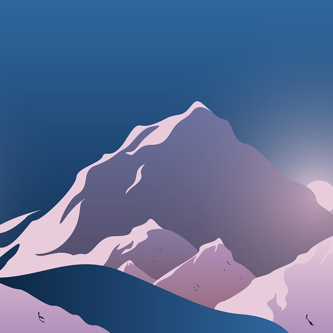 snowy mountain with soft pastel colors, pink highlights, and a deep blue sky lit by sunlight on the right.