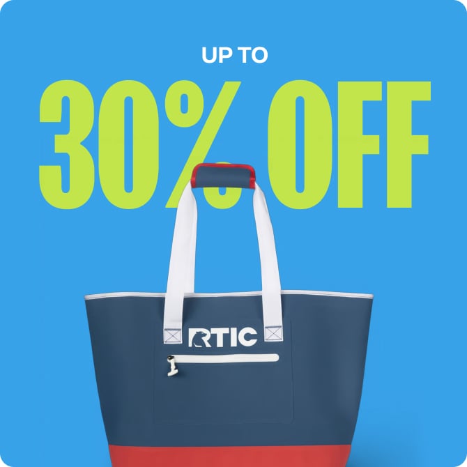 Navy, red, and white RTIC tote on a light blue background with up to 30% Off in lime green font..