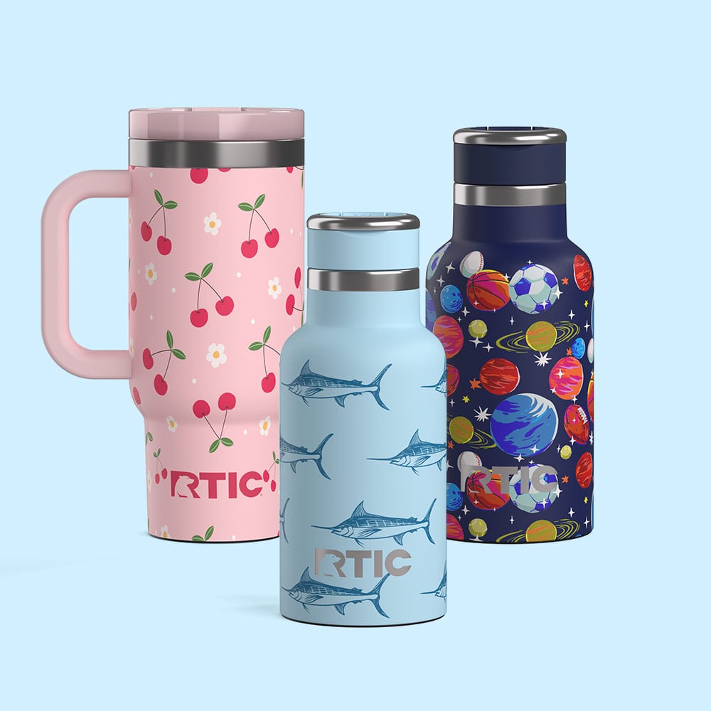 A group of RTIC drinkware featuring various patterns on a light blue background.