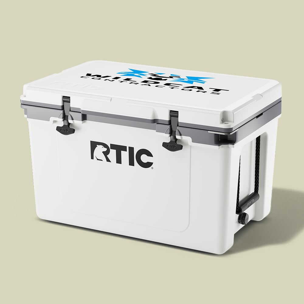 White 52 QT Ultra-Light Wheeled Cooler with a customer logo on the lid.