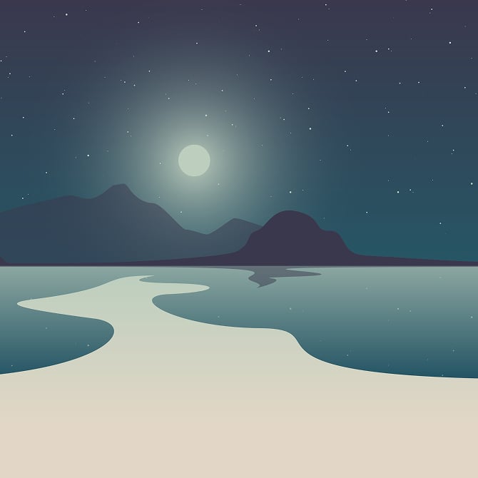 Minimalist night scene with a full moon over dark mountains, stars in the sky, and a pale winding shoreline through calm water.