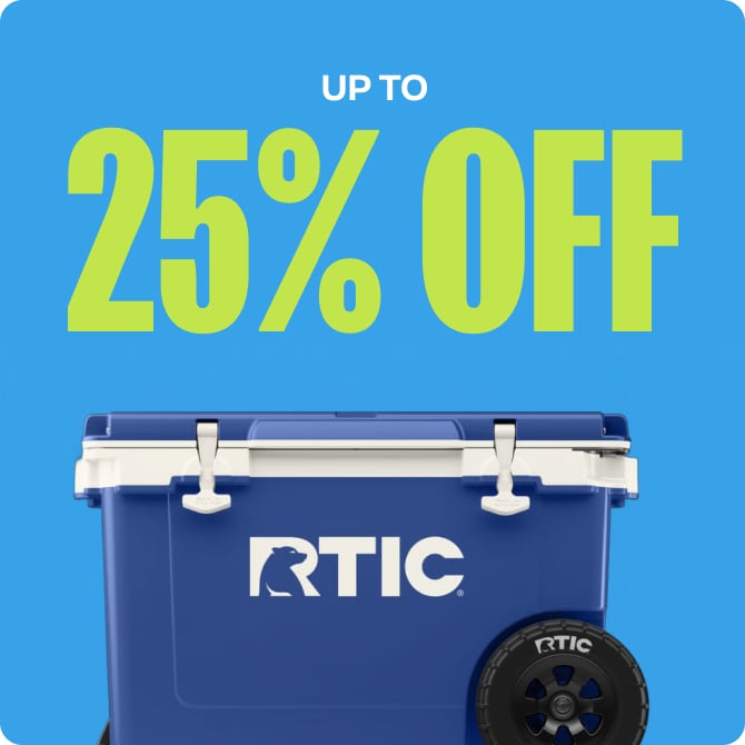Blue RTIC Wheeled Hard Cooler on a light blue background with up to 25% Off in lime green font..