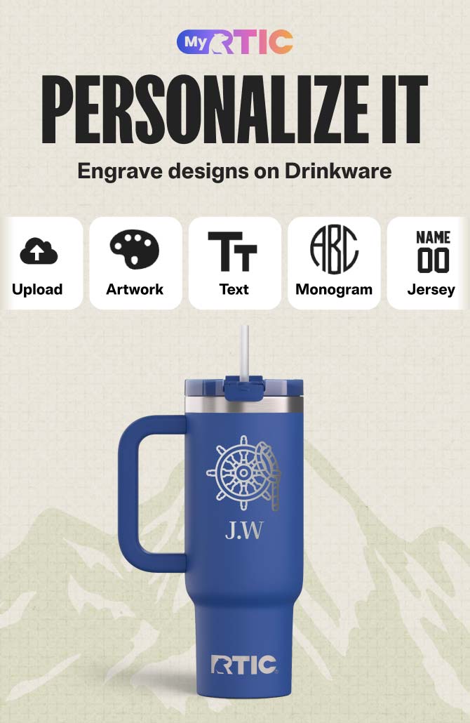 RTIC personalized blue handled tumbler with engraved ship wheel monogram and initials, plus upload, artwork, text, and monogram options.
