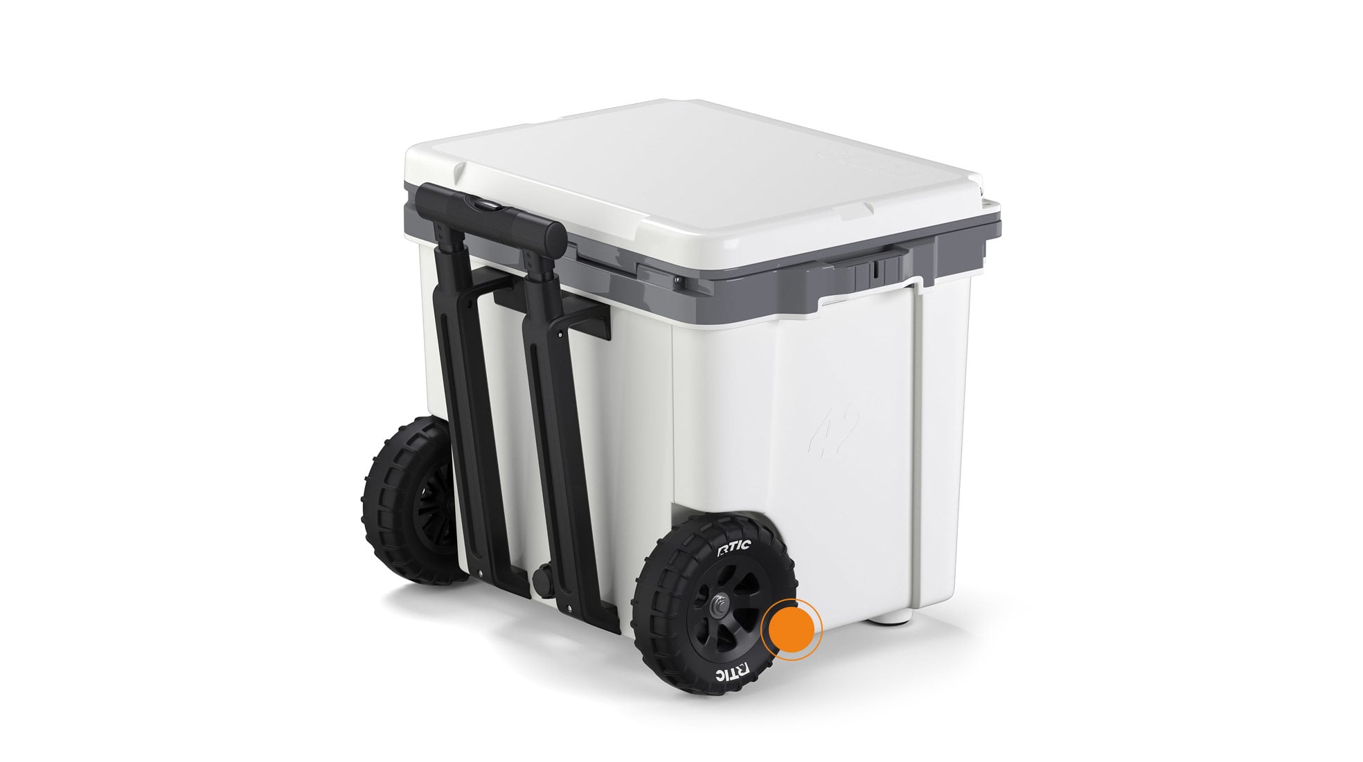 Close up of the Ultra-Strong Wheels on the RTIC 42QT Ultra-Light Wheeled Cooler